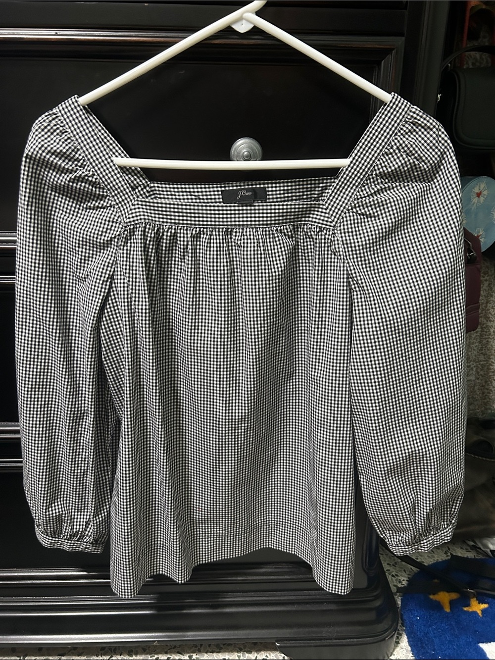 J. Crew Black & White Gingham Square-Neck Puff Sleeve Blouse